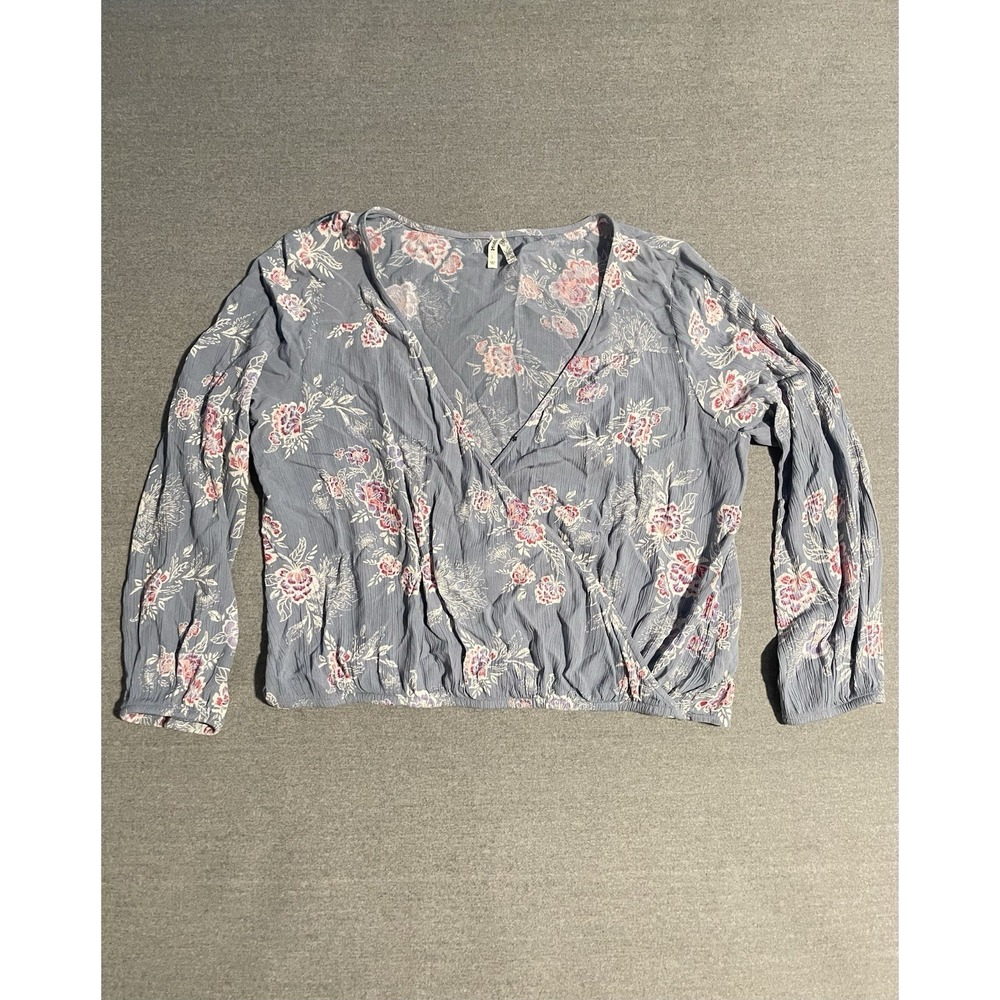 Floral Wrap Crop Top Large Blue Pink Long Sleeve V Neck Boho Cottagecore Blouse